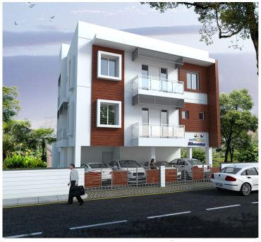 Modern residential building with wood and white exterior, balconies, and parking space.