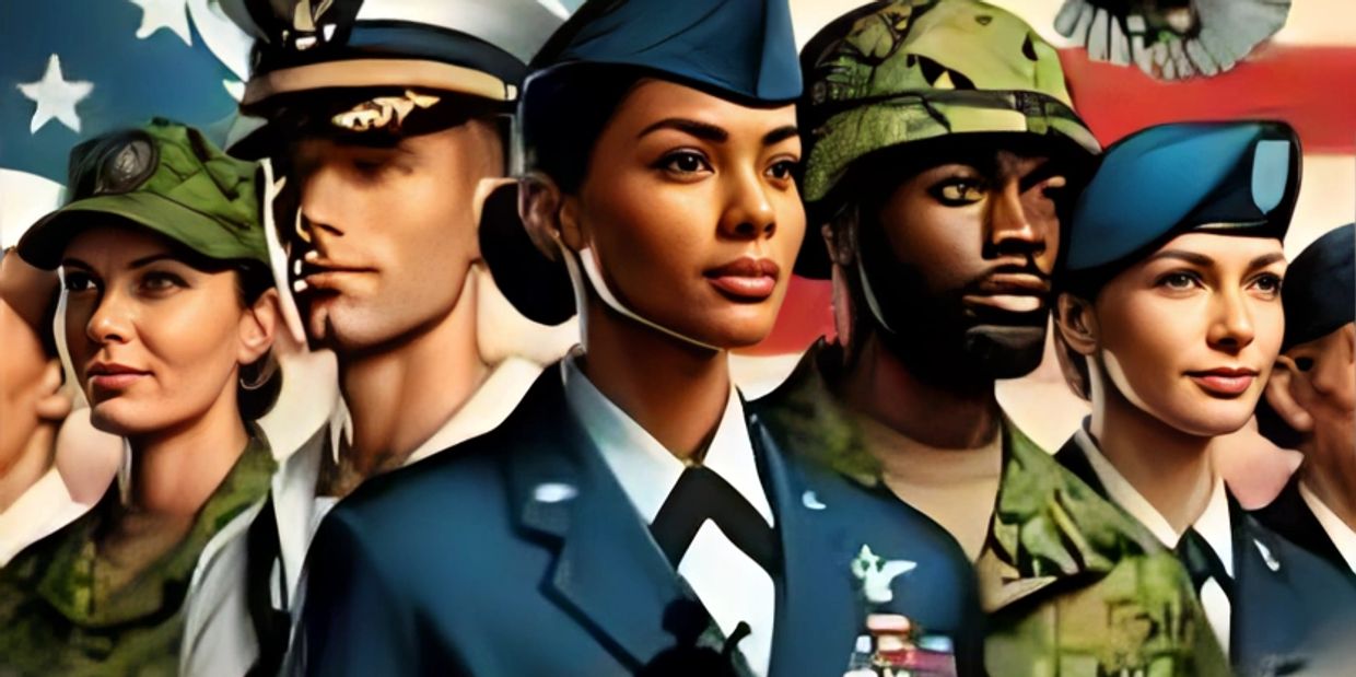 Diverse military personnel standing united with an American flag backdrop.