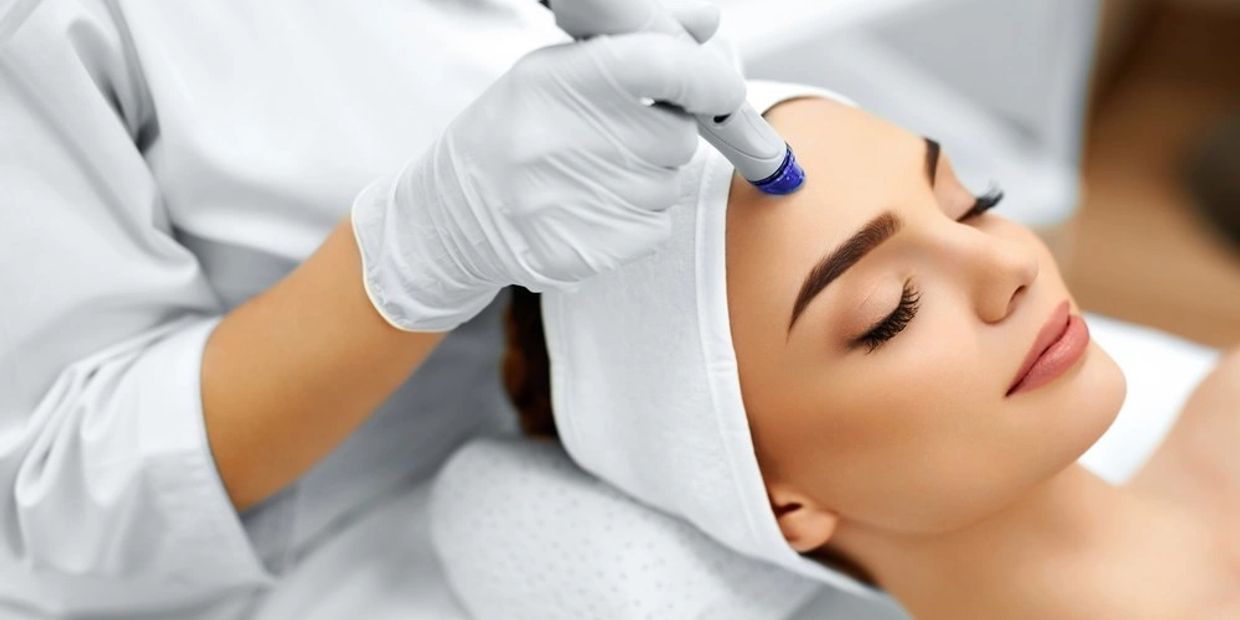 Woman receiving a facial treatment with a handheld device.