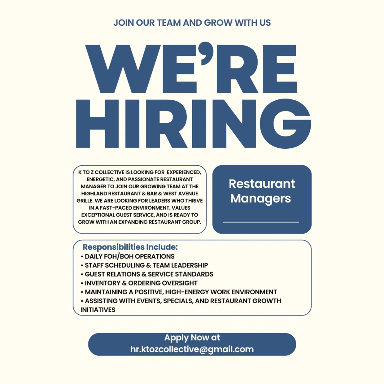Hiring experienced restaurant managers for K to Z Collective's Highland Restaurant & Bar.