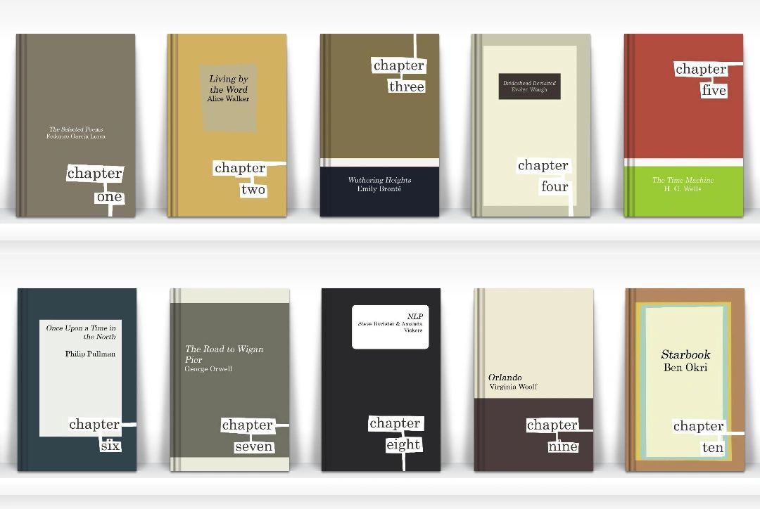 Mock-up image showing all ten books from the artwork 'This Journey is a Book'