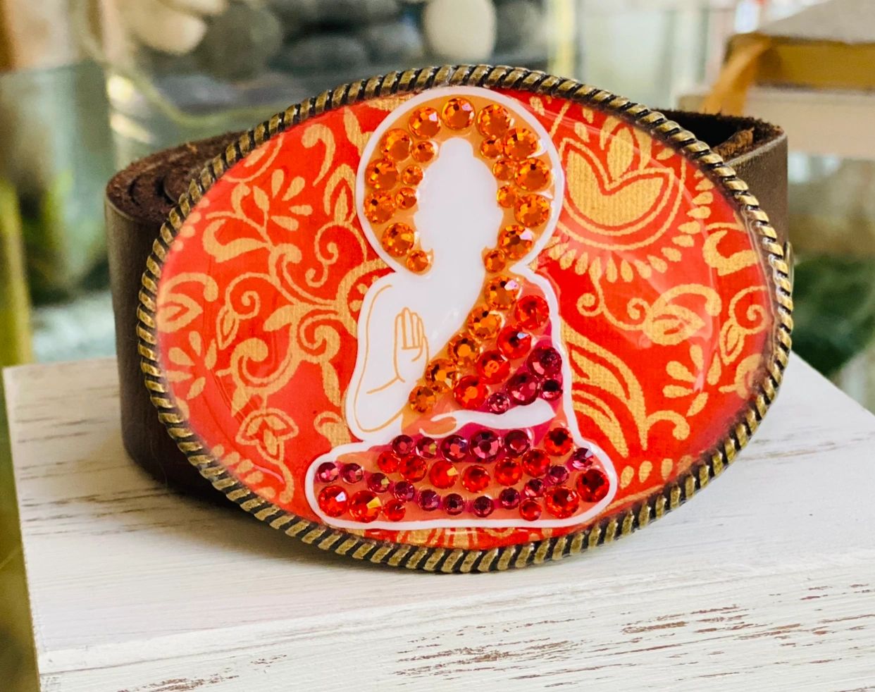 Buddha custom belt buckle with rhinestones.