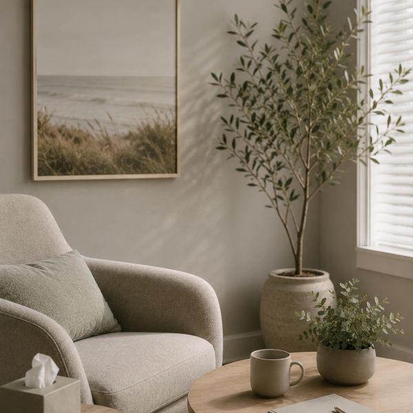 Cozy corner with armchair, plants, and a cup by a window.