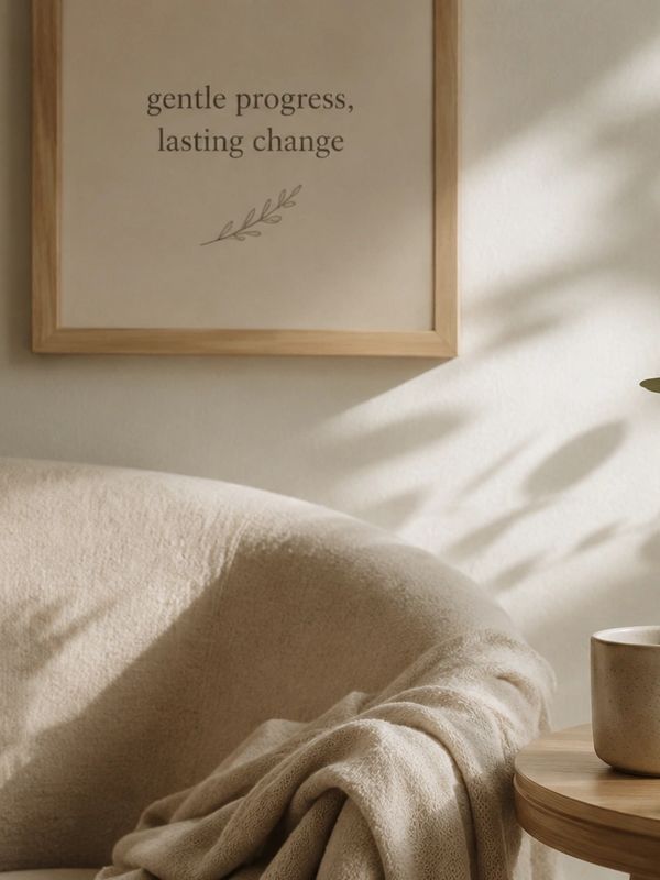 Cozy beige chair with a soft blanket under a framed motivational quote.
