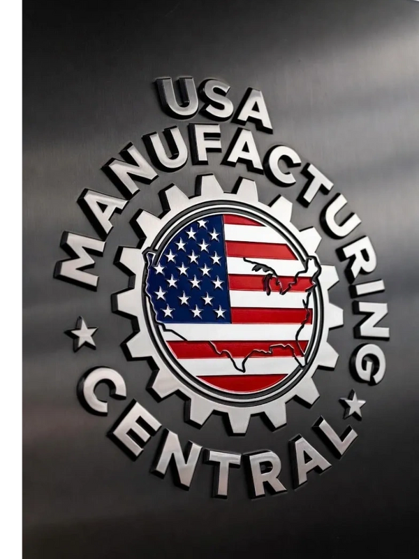 Logo of USA Manufacturing Central with American flag and map.