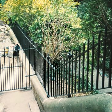 Black metal fence and gate alongside a garden with green foliage.
