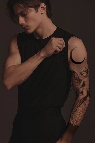 Black and grey tattoo,fineline tattoo, angel tattoo, ornamental tattoo, Hamburg tattoo, Mooy tattoo