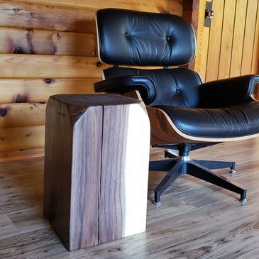 Black Walnut Minimalist Contemporary Side Table with Classic Eames Lounge Chair in a Cottage