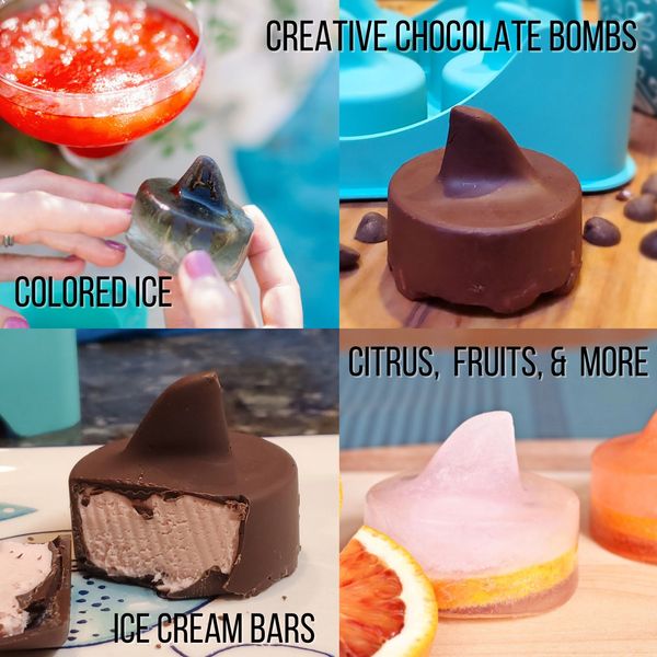 4 uses of the shark fin mold displaying colored ice, hot chocolate bomb, ice cream bar, & citrus ice