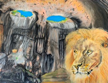 Pastel on paper drawing of a lion resting in a cave; a gold crown is laid on top of a rock formation