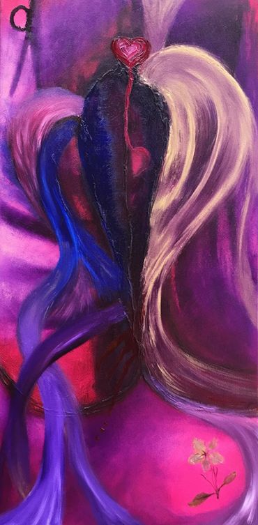 Oil painting that has predominantly purple and pink colors, ribbons of blue and gold, heart center