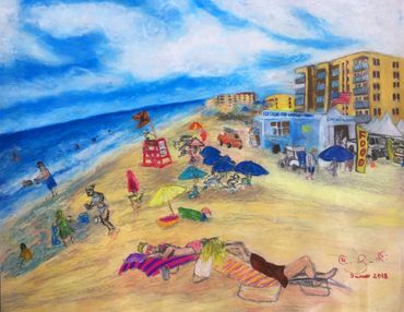 Beach goers sunbathing at the beach, ocean, sand, umbrellas, kids playing in the water, ice cream