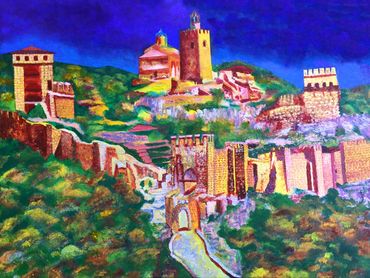 Painting of ruins of a castle, fortress wall, gateway, autumn color leaves trees