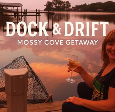 Woman enjoying a drink on a dock at sunset with calm water and trees.