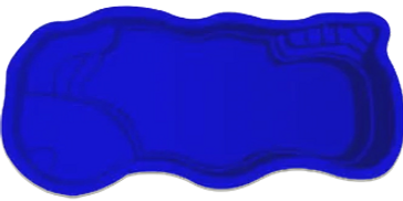 Blue swimming pool design with irregular shape and curves.