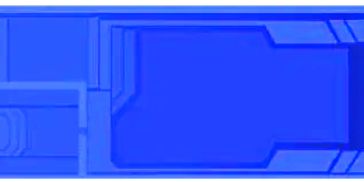 Blueprint of a rectangular swimming pool with attached smaller areas.