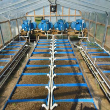 Aquaponics system with blue tanks and soil beds inside a greenhouse.