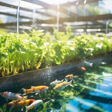 Colorful koi fish swim in a pond beside vibrant green plants under sunlight.