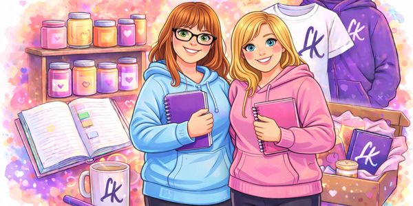 Two smiling girls holding notebooks, surrounded by candles and merchandise with 'LK' logo.