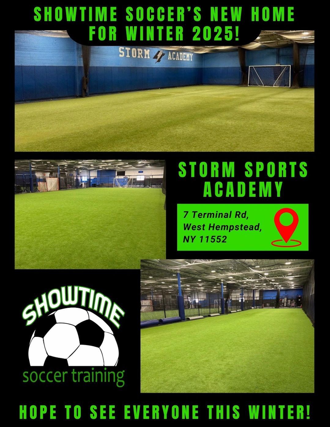 Flyer showing Showtimes new winter training location at Storm Sports Academy