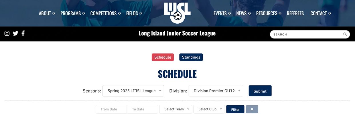 Screenshot of LIJSL website schedule and standings