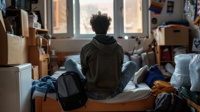 Person sitting on bed facing window in cluttered room.