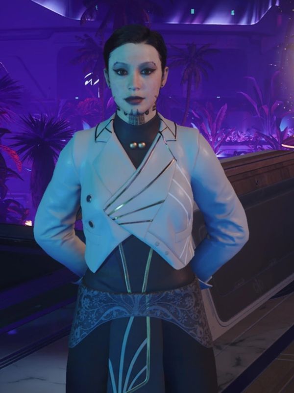 A futuristic woman in a white jacket stands in a neon-lit sci-fi environment.