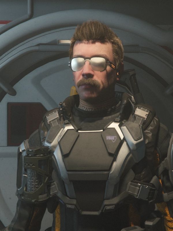 A futuristic soldier wearing advanced armor and reflective sunglasses inside a spaceship.
