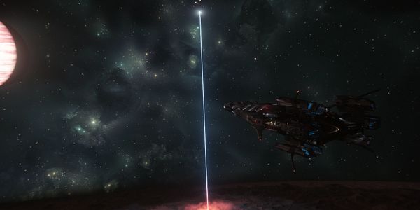 A spaceship firing a bright laser beam into space above a rocky planet surface.