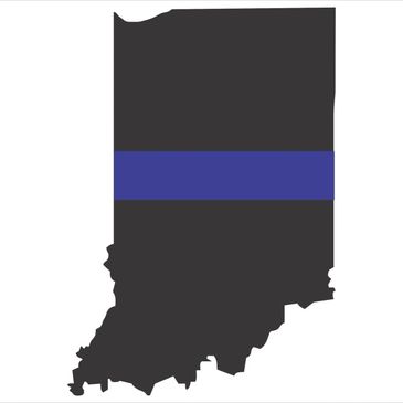 Silhouette of Indiana state with a horizontal blue stripe across the middle.