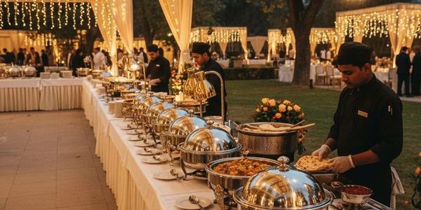 Elegant outdoor buffet with chefs preparing food under string lights.