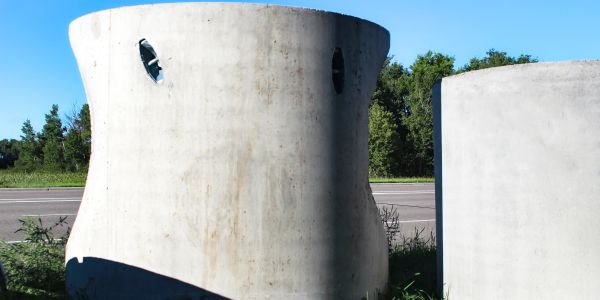 Large concrete pipe sections outdoors near a road and trees.