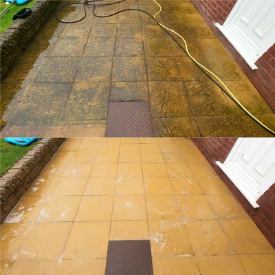 Before and after pressure washing a patio, showing a dramatic clean.