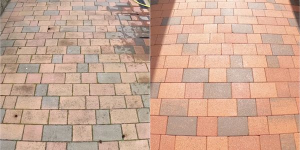 Side-by-side comparison of a driveway before and after cleaning.