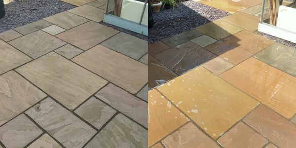 Side-by-side comparison of patio stones before and after cleaning.