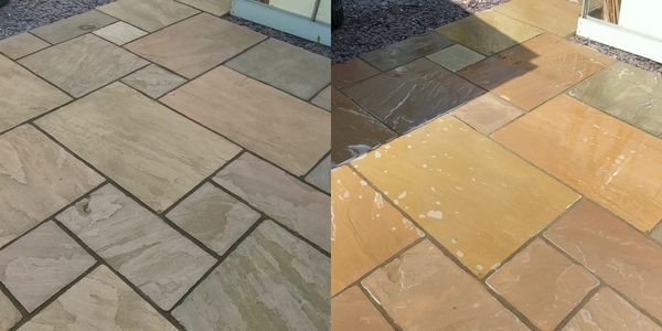 Side-by-side comparison of patio stones before and after cleaning.
