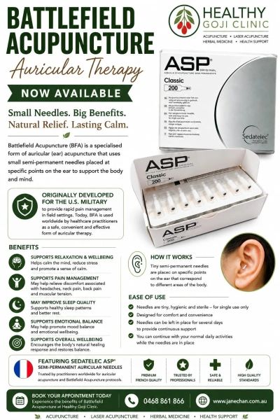 Battlefield acupuncture using small semi-permanent needles for ear therapy.