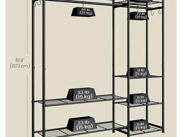 Metal shelving unit with weight capacity labels and height measurement.