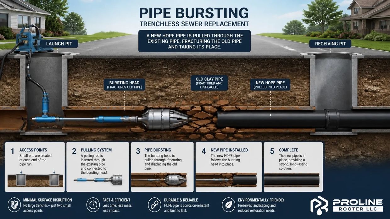 Illustration of trenchless sewer pipe bursting and replacement process.
