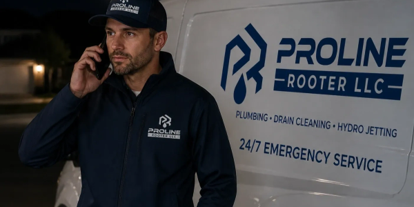 Proline Rooter LLC technician on phone by company van.