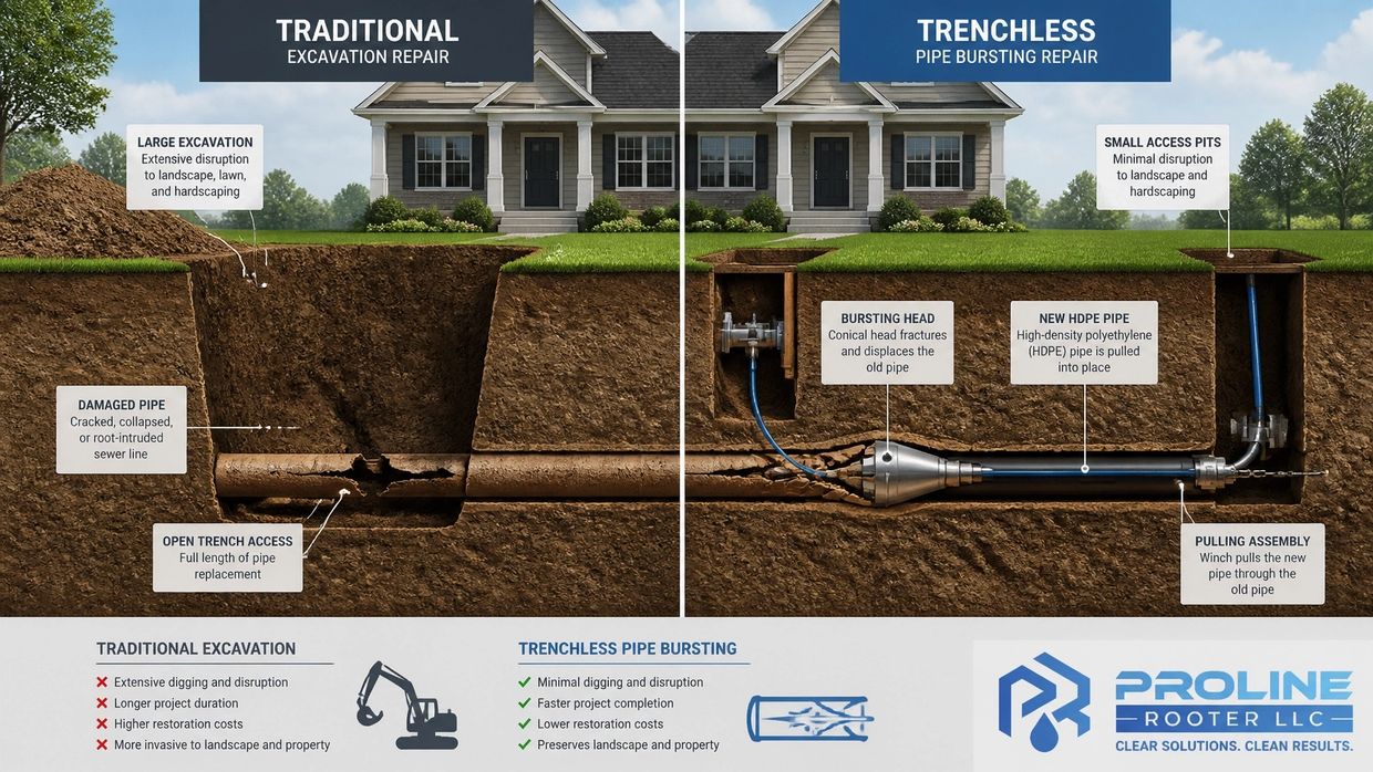 Comparison between traditional excavation repair and trenchless pipe bursting repair.