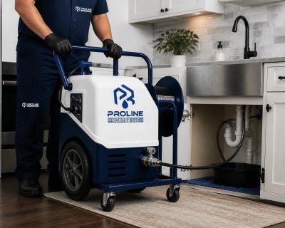 Plumbing tech using a drain cleaning machine under a kitchen sink in Loomis home.