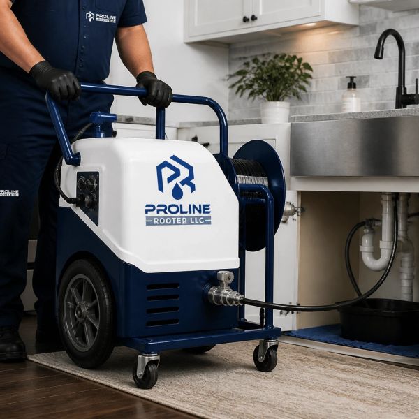Plumber using a drain cleaning machine under a kitchen sink.