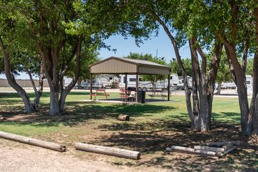 Covered picnic area in a park with RVs in the background.
