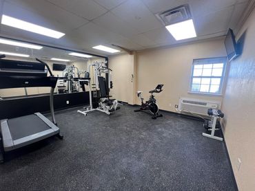 Small home gym setup with treadmill and exercise bike.