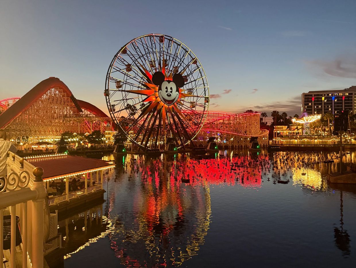 Mickey Mouse Ferris wheel and roller coaster lit up at dusk.