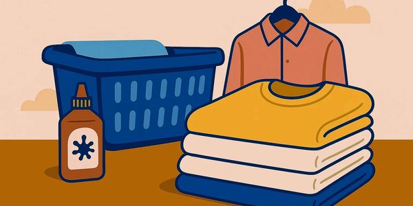 Illustration of laundry essentials including folded clothes, a basket, and detergent.