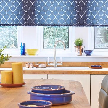 blue kitchen roller blind with geometric design