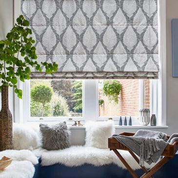 leaf design roman blind and window seat