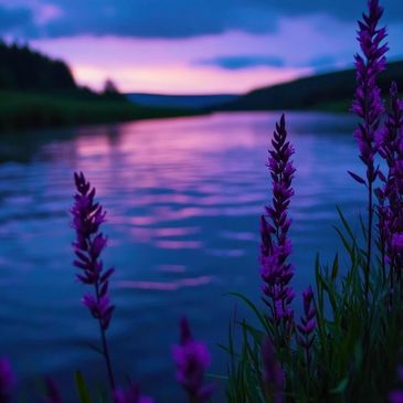 Purple flowers by a serene river at twilight with a colorful sky.